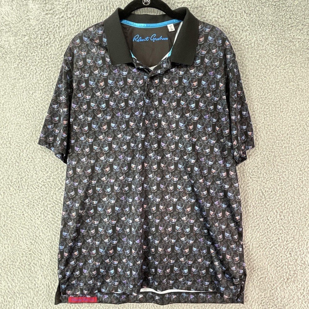 Robert Graham Polo Shirt Mens L Black Graphic Print Embroidered Polyester